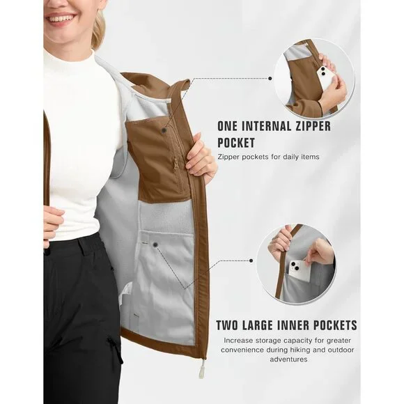 Women's Brown Fleece Lined Fabric Winter Warm Windproof Vest Hooded Jacket Coat - Picture 3 of 6